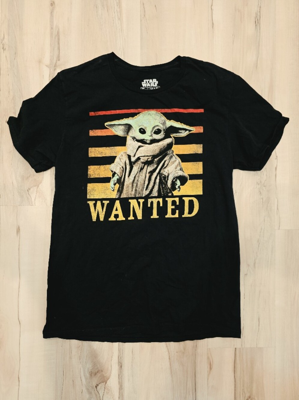Star Wars Black "Wanted" Grogu Graphic Tee with Red and Yellow Stripes